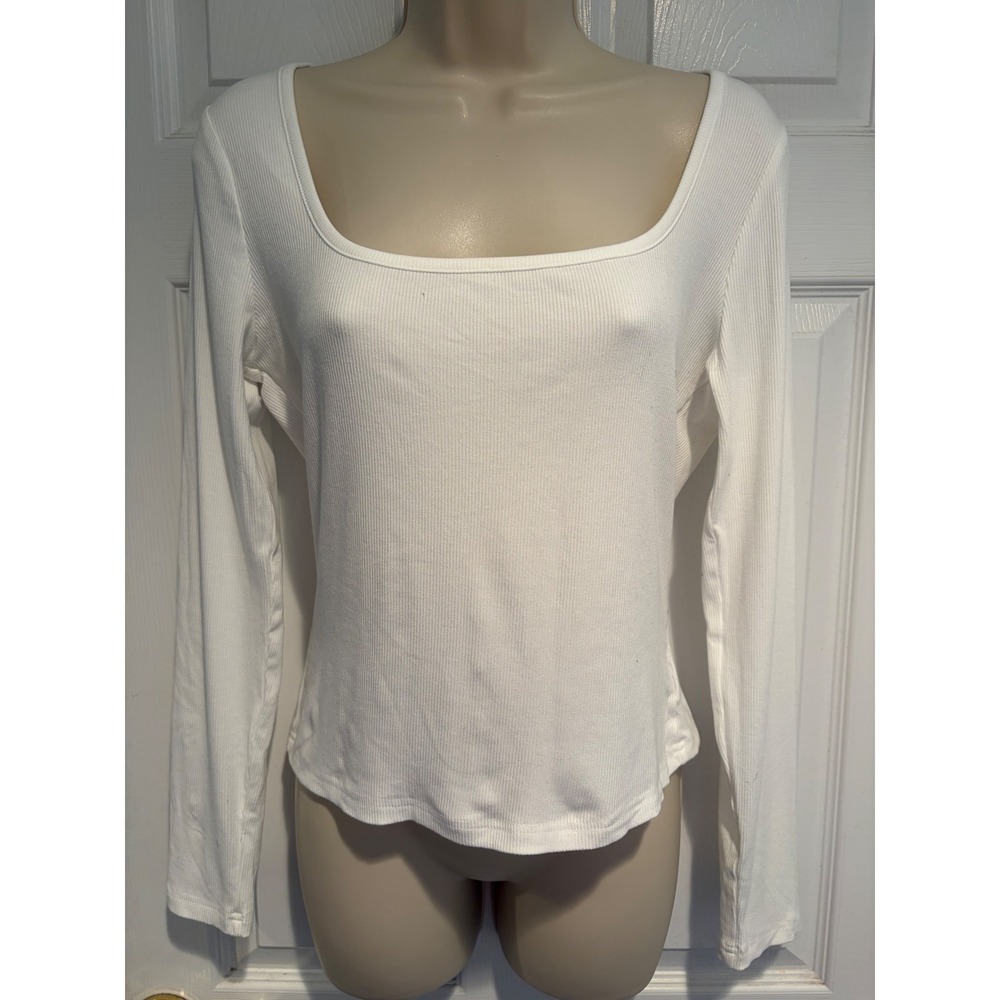 Edikted White Ribbed Square Neck Long Sleeve Top Large Y2k balletcore minimalist